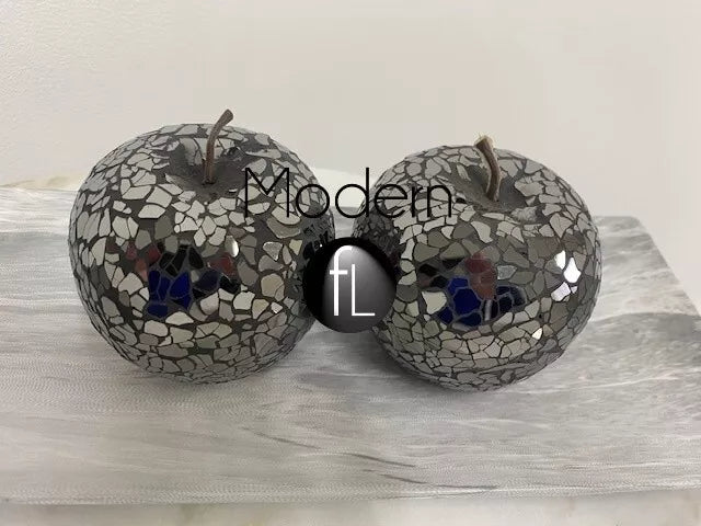 2x Black mosaic glass apple, black mirror decorative fruit display