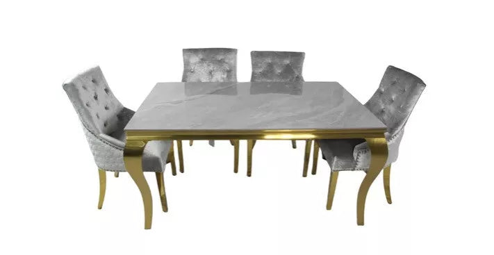 Gold Dining Table Grey Ceramic Stone Top 4 Silver Grey Lion Chairs Gold Legs