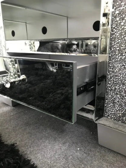 Mirror glass corner TV cabinet with crushed crystal sparkle, Tall corner TV unit