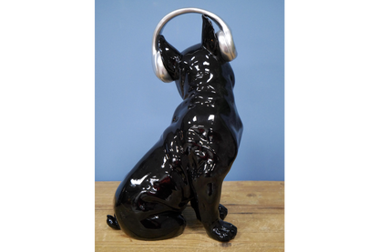 Art Deco black bull dog with Headphones ornament, 30 cm high dog ornament