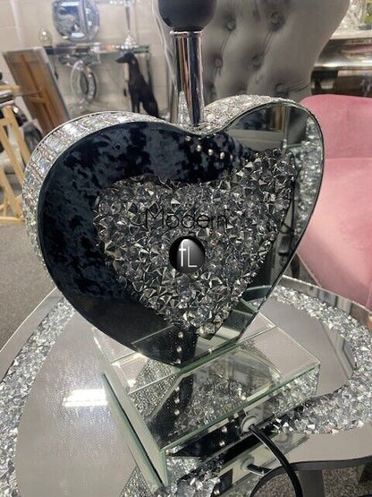 Heart shaped mirrored crushed diamond sparkle table lamp, glitz table lamp