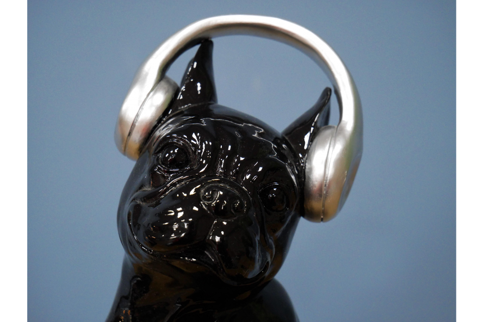 Art Deco black bull dog with Headphones ornament, 30 cm high dog ornament