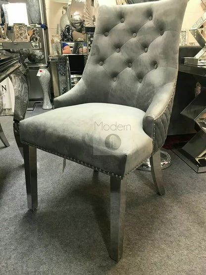 Louis table with grey solid marble top 1.5 and 4x Grey Lion Knocker Chairs