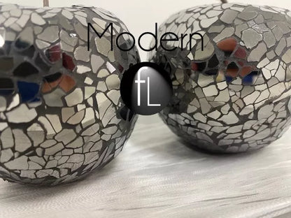 2x Black mosaic glass apple, black mirror decorative fruit display