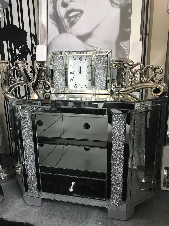 Mirror glass corner TV cabinet with crushed crystal sparkle, Tall corner TV unit