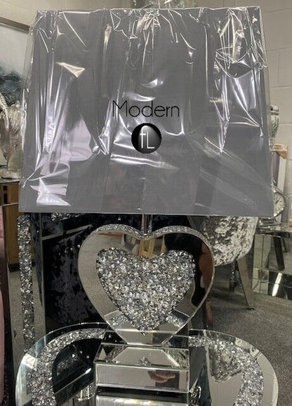 Heart shaped mirrored crushed diamond sparkle table lamp, glitz table lamp