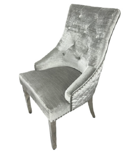 2 Silver Grey velvet dining chairs with chrome legs & lion knocker