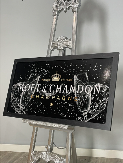 Black 3D Champagne canvas in black wood frame, 3D glitter canvas