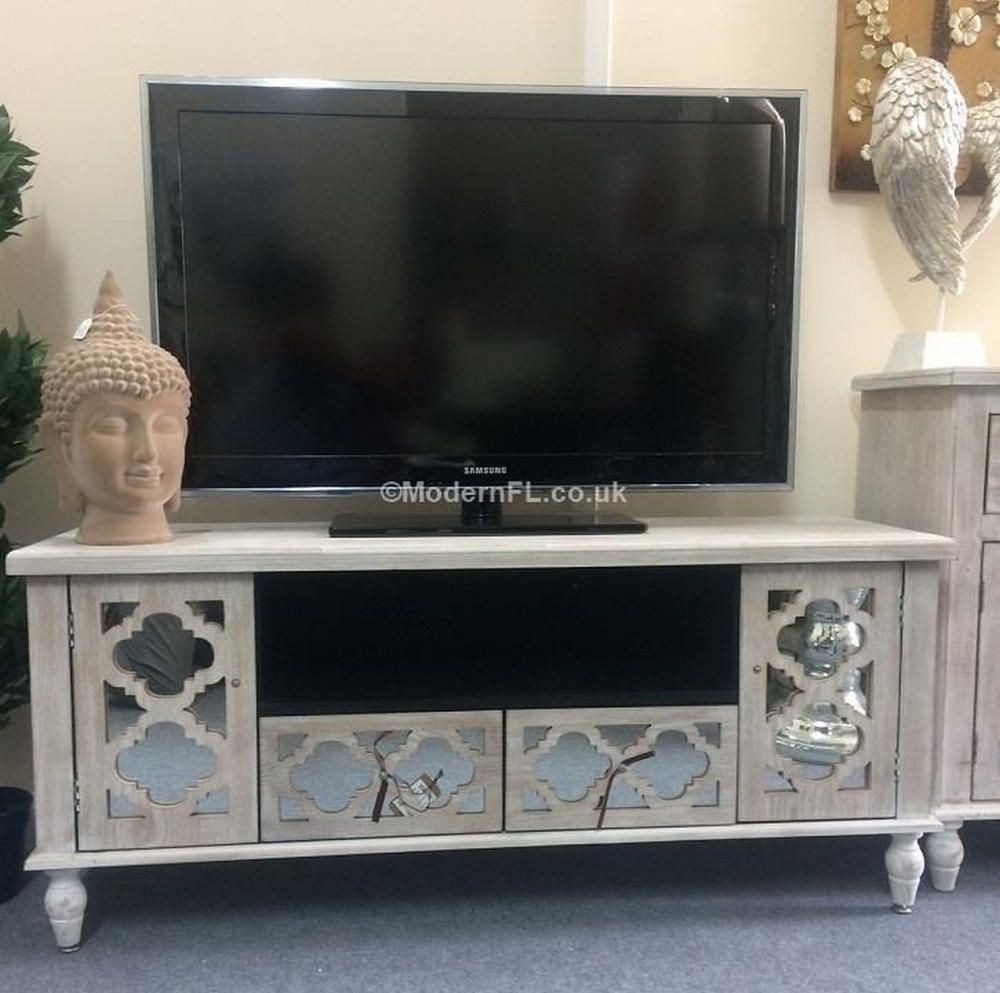 Washed wood tv unit with mirrored doors