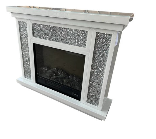 Crushed Crystal White Glass Fireplace with Electric Fire, stunning diamond fire