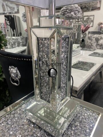 Mirrored and crushed diamond table lamp with shade option, glitz table lamp