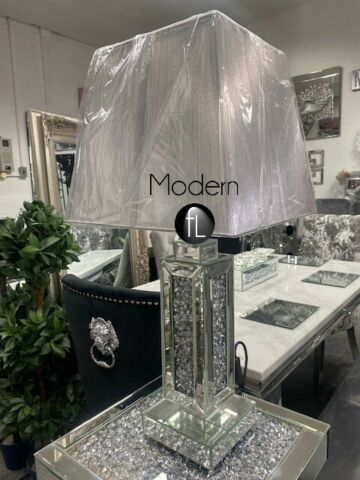 Mirrored and crushed diamond table lamp with shade option, glitz table lamp