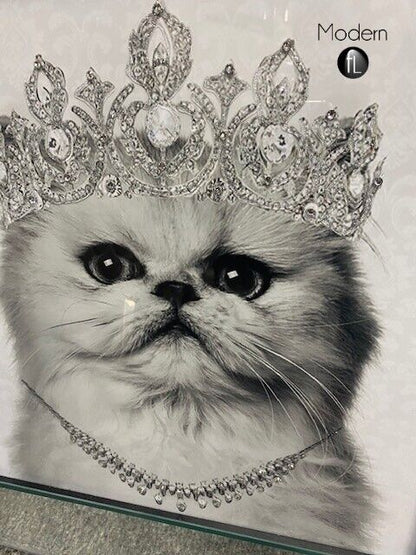 Beautiful cat with crown tiara picture in silver mirror frame