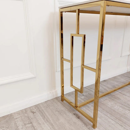 Art Deco Gold Frame Console hall Table with Geometric Design White top