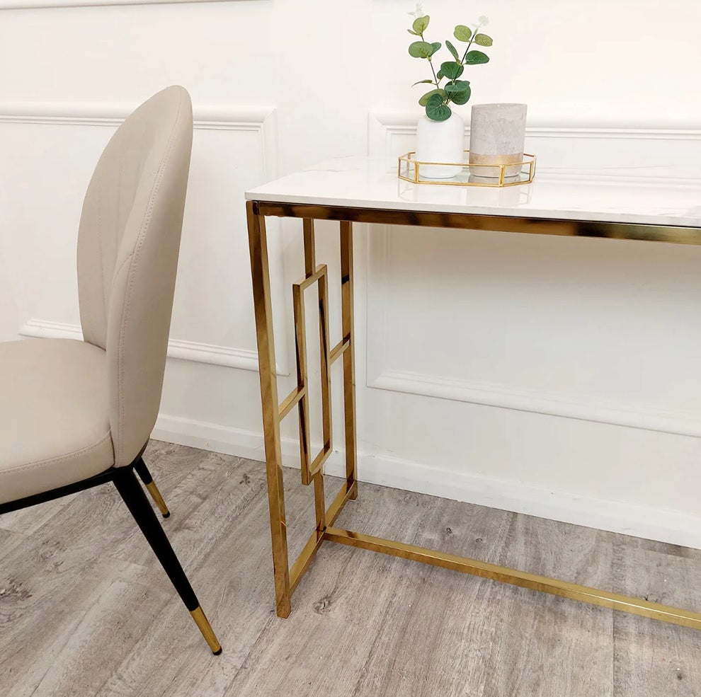 Art Deco Gold Frame Console hall Table with Geometric Design White top