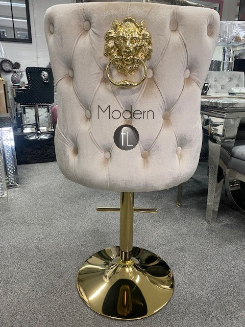 Cream & Gold swivel bar stool with Gold Lion knocker and button back