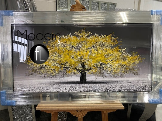 Stunning yellow blossom tree 3D glitter art picture mirror frame