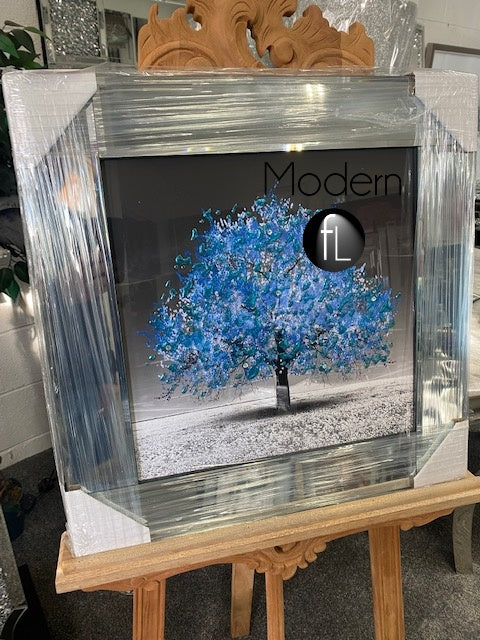 Small blue blossom tree picture in mirrored frame, blue glitter art picture