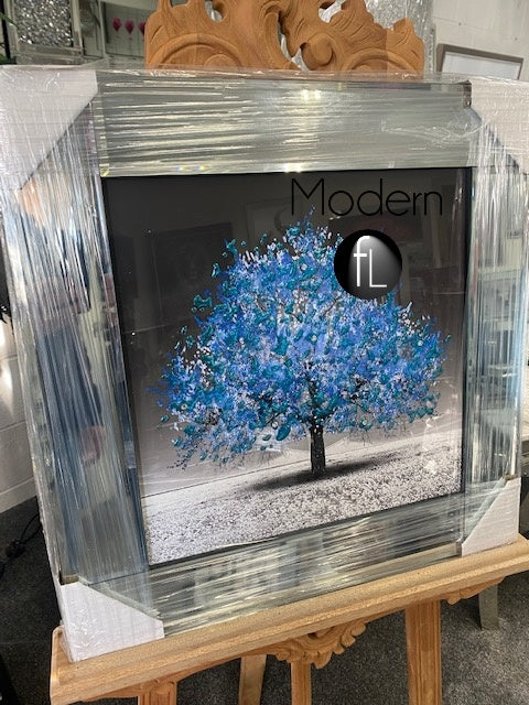 Small blue blossom tree picture in mirrored frame, blue glitter art picture