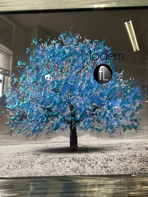 Small blue blossom tree picture in mirrored frame, blue glitter art picture