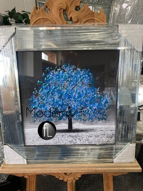 Small blue blossom tree picture in mirrored frame, blue glitter art picture