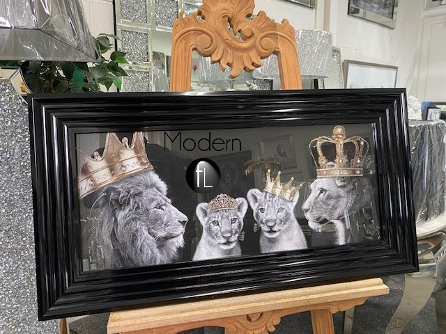 Lion pride of the family wall picture in black stepped frame, 70x30cm