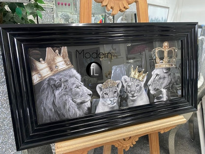 Lion pride of the family wall picture in black stepped frame, 70x30cm