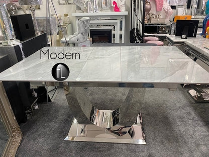 Grey Ceramic Extending Dining Table 1.2m to 1.5m Chrome base Marble Pattern