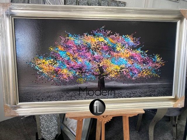 Stunning Rainbow Blossom Tree 3D glitter art picture in champagne wood frame