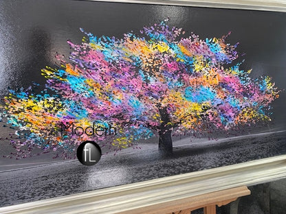 Stunning Rainbow Blossom Tree 3D glitter art picture in champagne wood frame