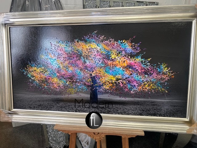 Stunning Rainbow Blossom Tree 3D glitter art picture in champagne wood frame