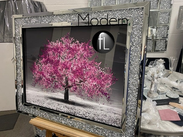 Pink blossom tree 3D glitter art picture in crushed crystal frame