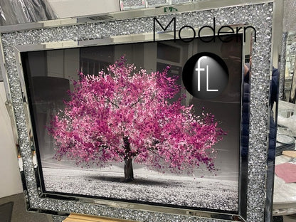 Pink blossom tree 3D glitter art picture in crushed crystal frame