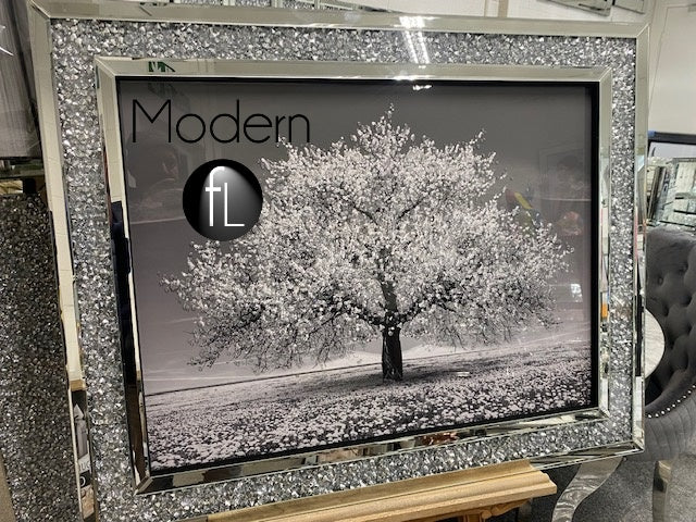 Silver blossom tree 3D glitter art picture in crushed crystal frame