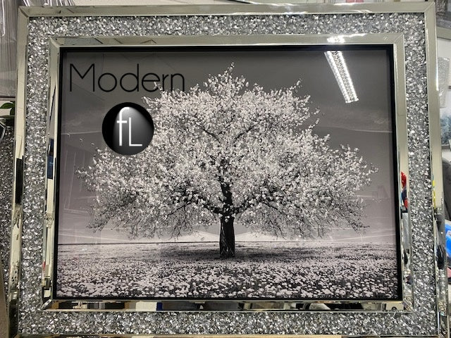 Silver blossom tree 3D glitter art picture in crushed crystal frame