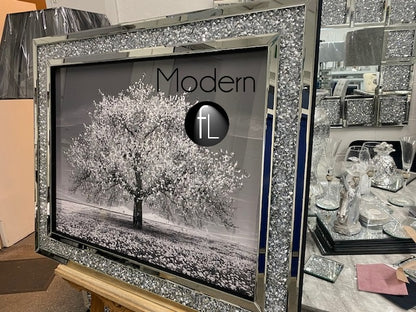 Silver blossom tree 3D glitter art picture in crushed crystal frame