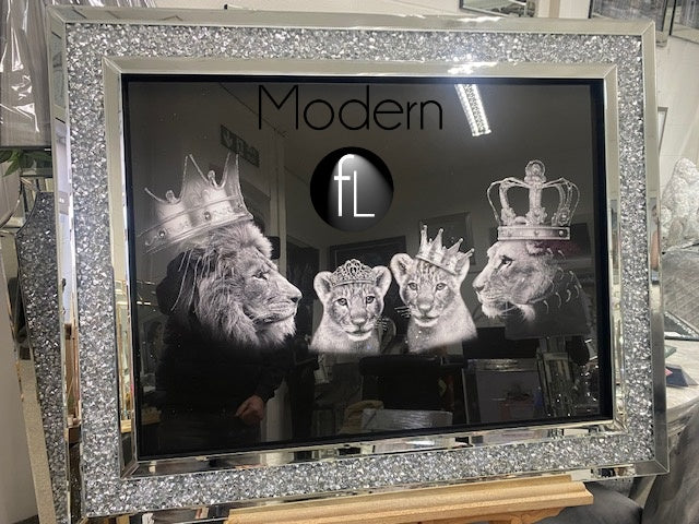 Lion pride family silver crown picture in crushed crystal frame, Lion family art