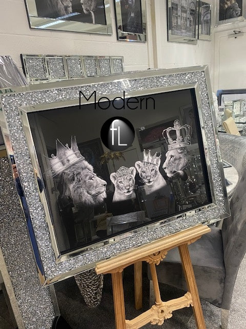 Lion pride family silver crown picture in crushed crystal frame, Lion family art