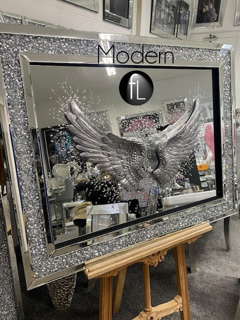 3D Angel wings mirrored picture with glitter art detail in crushed crystal frame