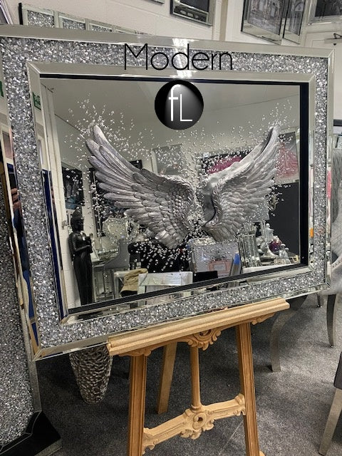 3D Angel wings mirrored picture with glitter art detail in crushed crystal frame