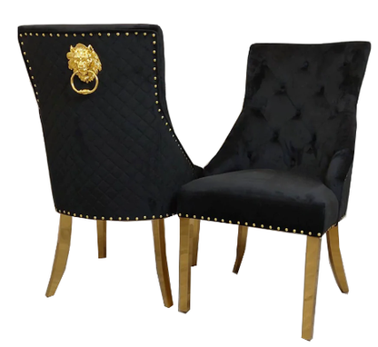 2 x Luxury Velvet Dining Chairs with Lion Head Door Knocker and Gold Legs