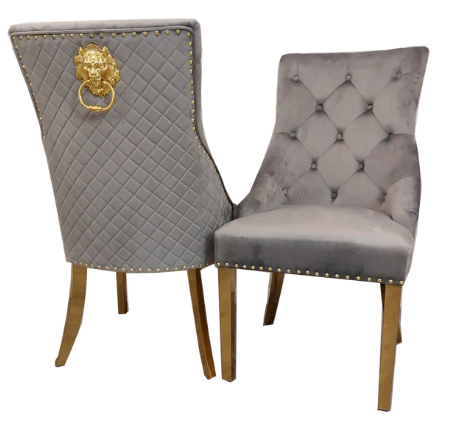 2 x Luxury Velvet Dining Chairs with Lion Head Door Knocker and Gold Legs