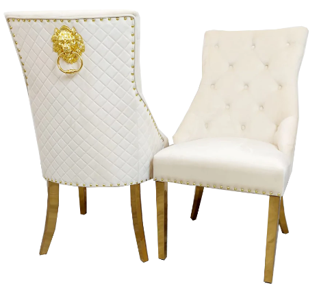 2 x Luxury Velvet Dining Chairs with Lion Head Door Knocker and Gold Legs