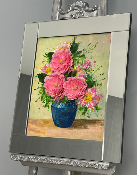 Beautiful Flower Picture with 3D faux flowers in mirror frame, 3D flower picture