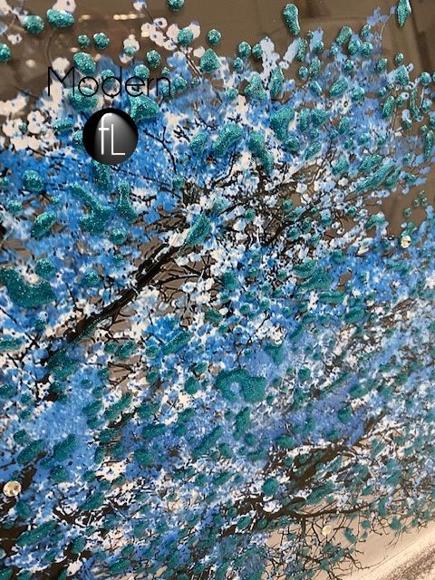 Blue blossom tree 3D glitter art picture in mirrored frame