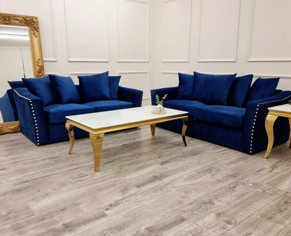 Imperial Blue 3 + 2 Seater Sofa with gold stud trim