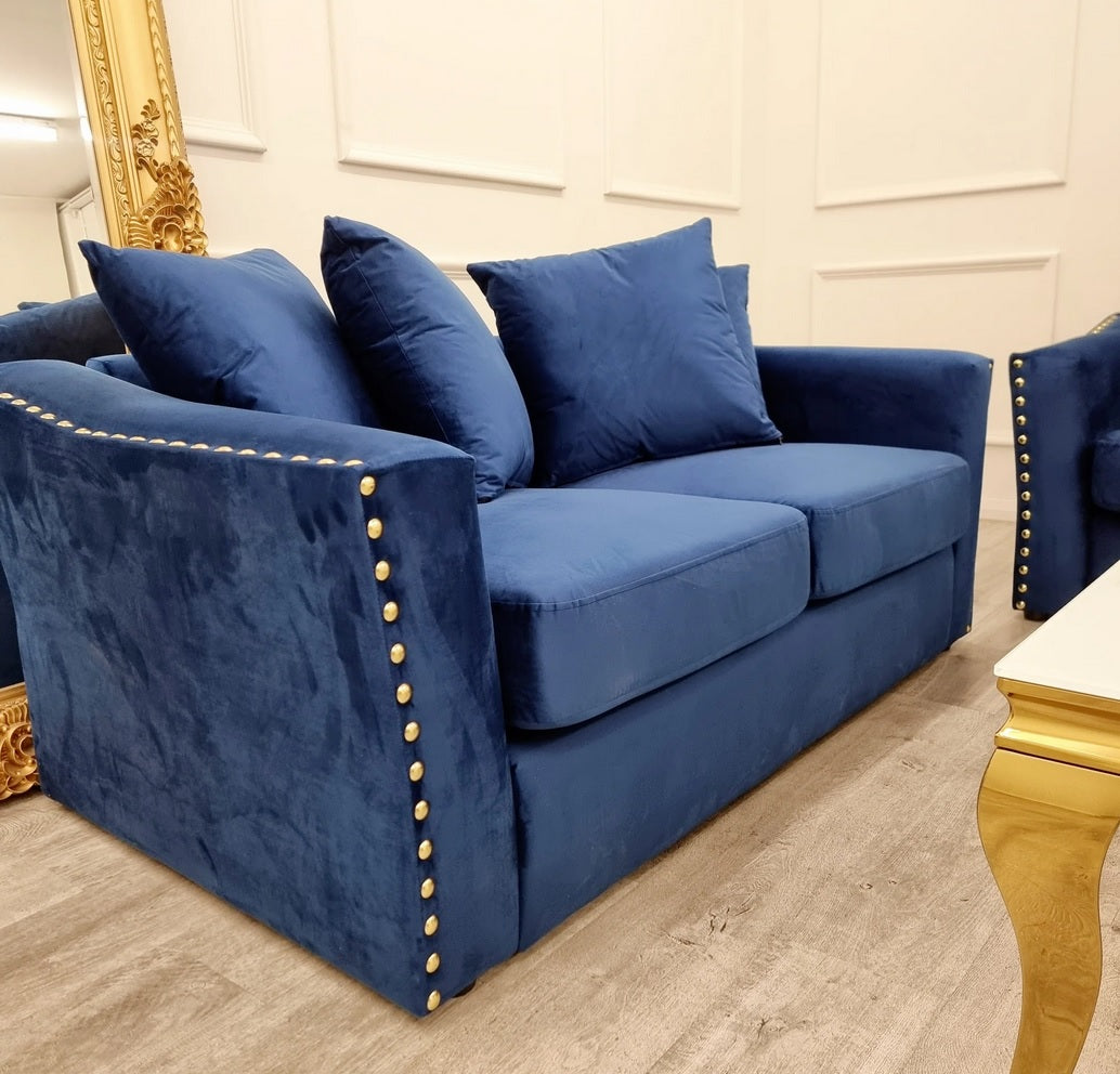 Imperial Blue 3 + 2 Seater Sofa with gold stud trim