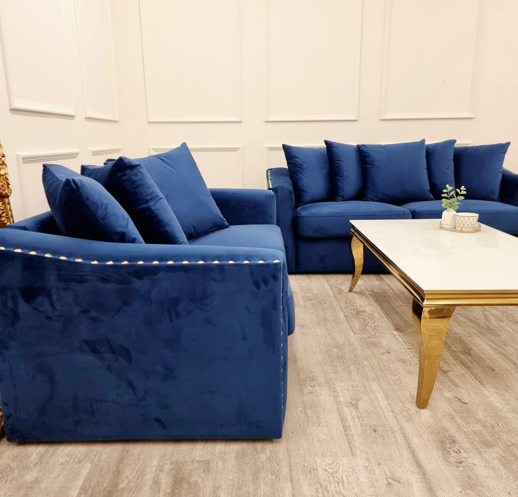 Imperial Blue 3 + 2 Seater Sofa with gold stud trim