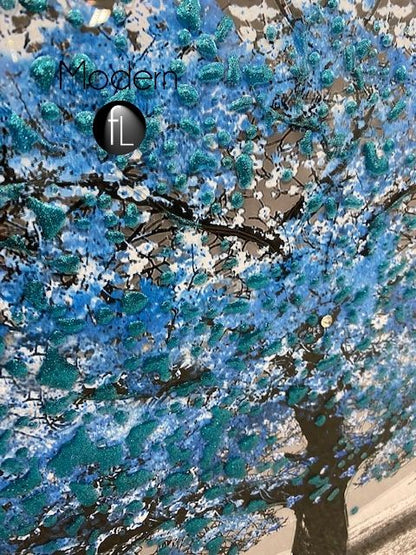 Blue blossom tree 3D glitter art picture in mirrored frame