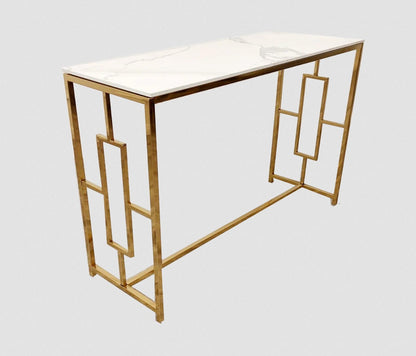 Art Deco Gold Frame Console hall Table with Geometric Design White top